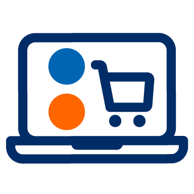 Ein gezeichneter Laptop mit einem Einkaufswagen sowie einem blauen und einem orangefarbenen Punkt auf dem Bildschirm.